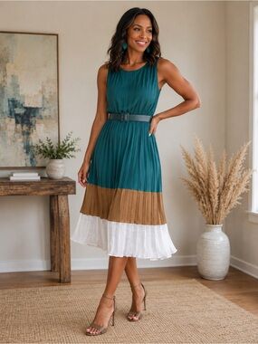 MARINA Teal Pleated Sleeveless Dress